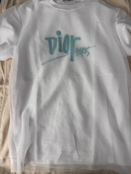 Dior White Tee with Mint Script Logo - Picture 4 of 6